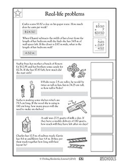 4th grade, 5th grade Math Worksheets: Real-life problems, working with