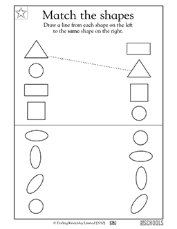 match the geometric shapes kindergarten preschool math reading worksheet greatschools