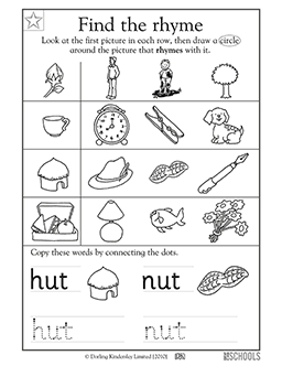 Kindergarten, Preschool Reading, Writing Worksheets: Rhyming words: hut ...
