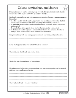 4th grade, 5th grade Writing Worksheets: Colons, semicolons, and dashes