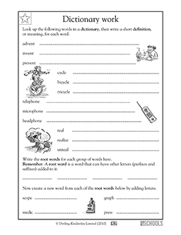 3rd grade Reading, Writing Worksheets: Using a dictionary: root words