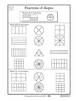 Fractions of shapes, part 2 | 3rd grade Math Worksheet | GreatSchools