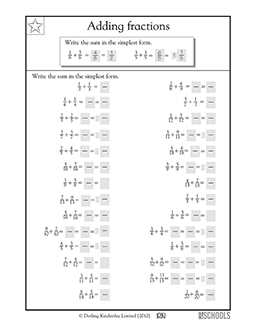 Adding fractions, common denominators | 4th grade Math Worksheet