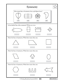 3rd grade, 4th grade Math Worksheets: Lines of symmetry, shapes and